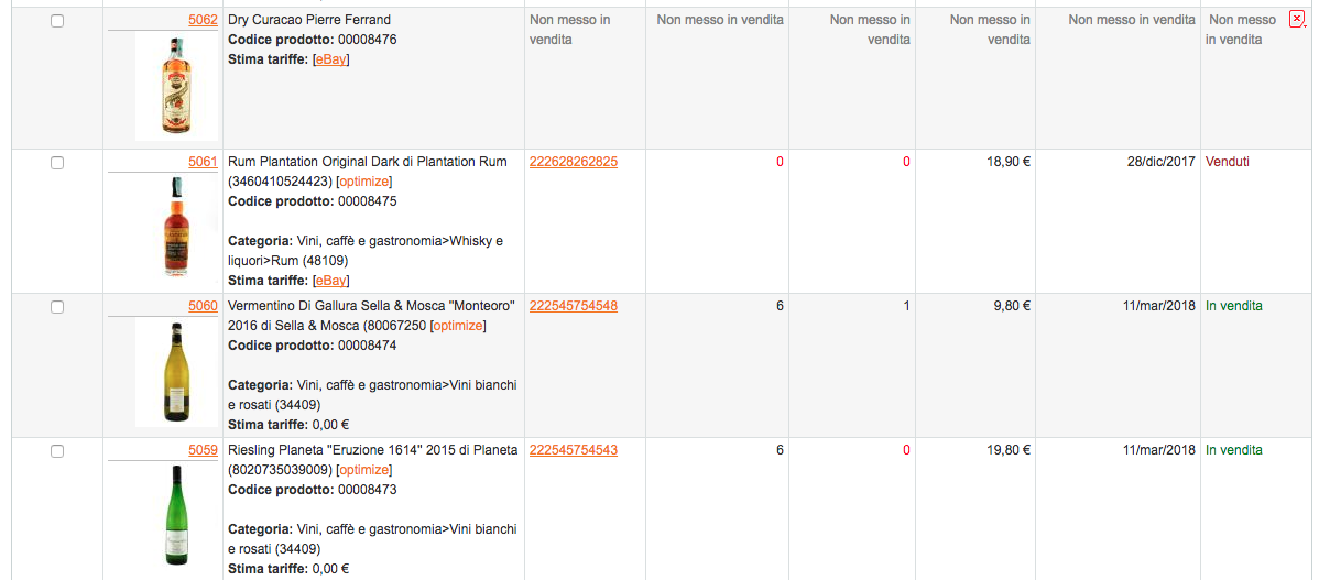 M2E Pro - Esempio dell'area gestione prodotti e inserzioni per eBay in Magento