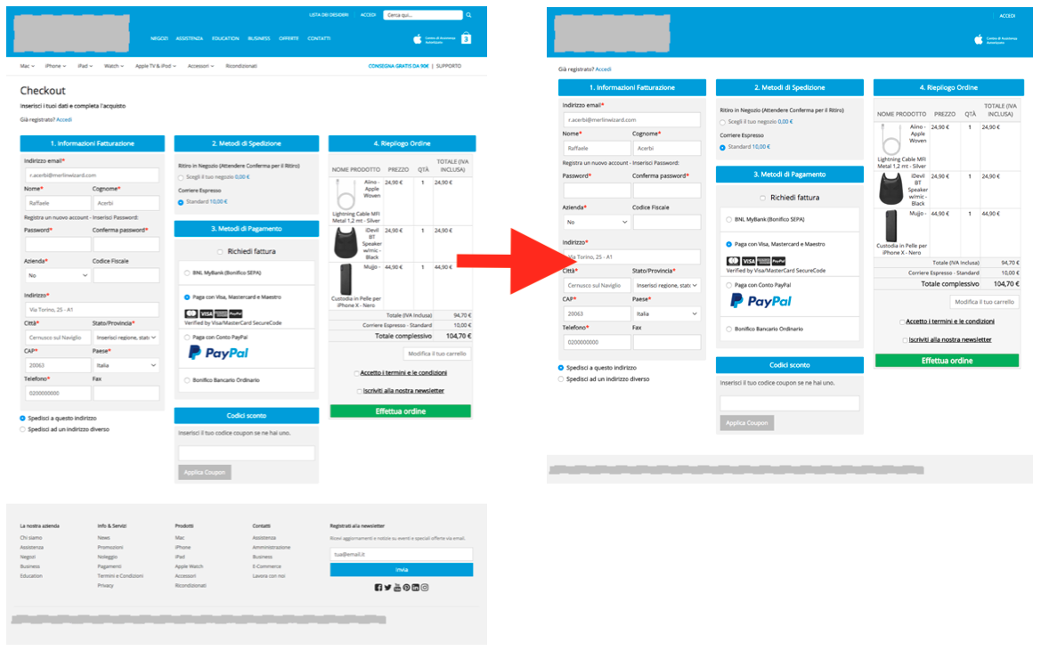 A/B test con Checkout in versione completa e in versione senza distrazioni