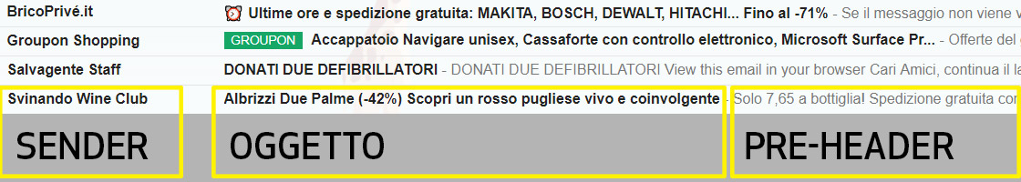 Sender, oggetto e pre-header nella Gmail su desktop