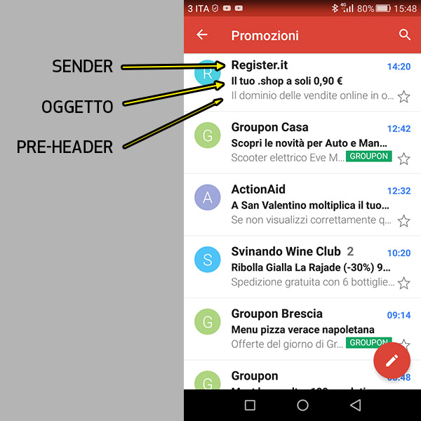 Sender, oggetto e pre-header nella Gmail su mobile