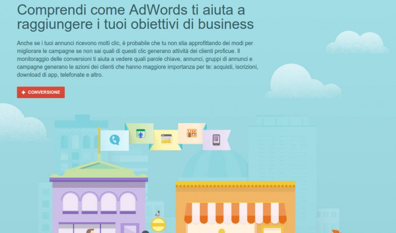 Così si presenta l'area Conversioni di AdWords al momento del primo inserimento. Si raggiunge da Strumenti > Conversioni 