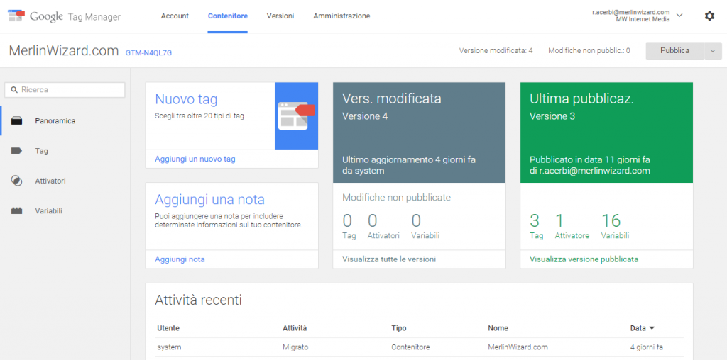 La Dashboard di Tag Manager V2